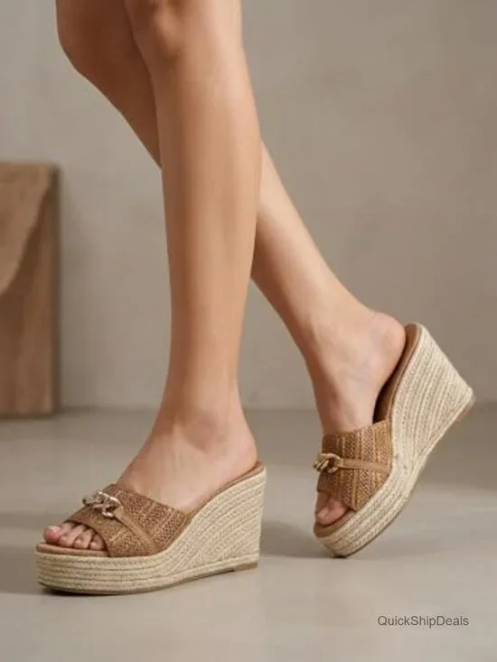 Raffia Wedge Espadrilles Sandals with Chain Detail Slip On Slides - Picture 2 of 7